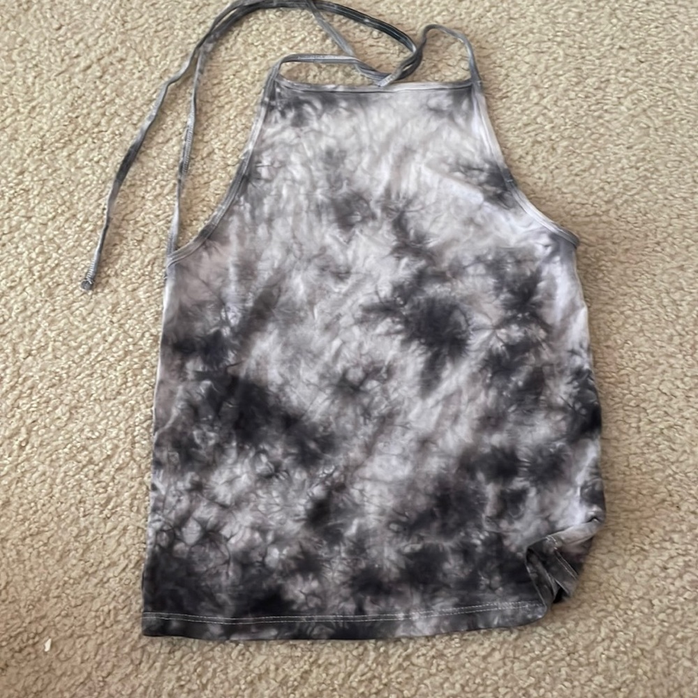 American Eagle Gray and White Tye Dye Cropped Halter Top